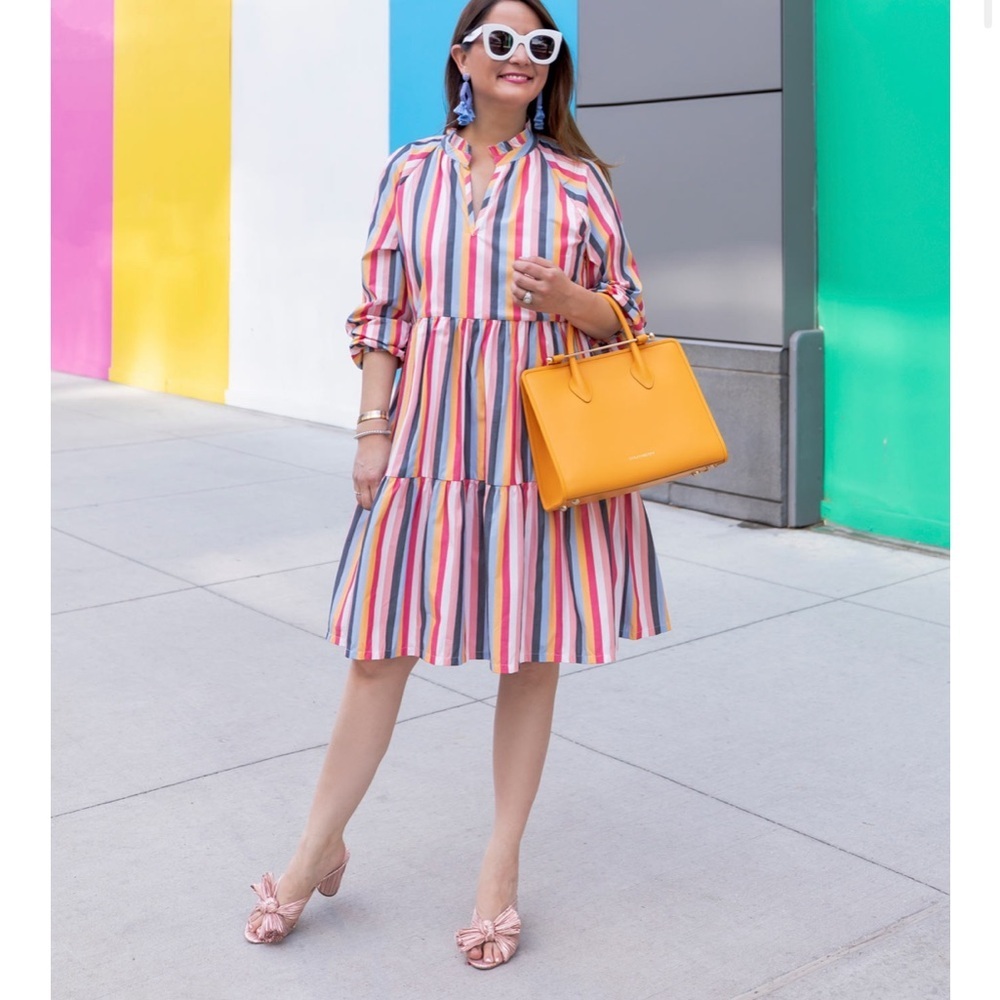 Jcrew Tiered Popover Dress Multi Stripes Poplin - Picture 2 of 11